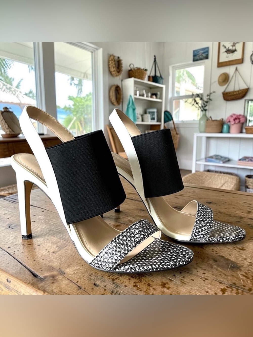 BCBGeneration Black & White Open-Toe Slingback Heels